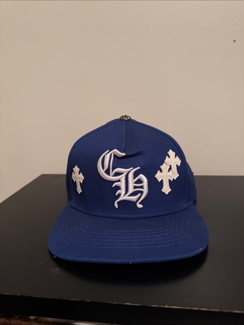 Chrome Hearts Royal Blue Snapback Hat with White Gothic CH